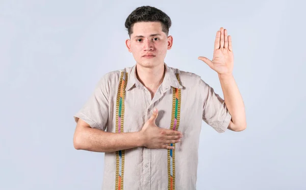 Homem Jurar Honestidade Devoção Homem Honesto Levantar Mão Tipo Levantar — Fotografia de Stock