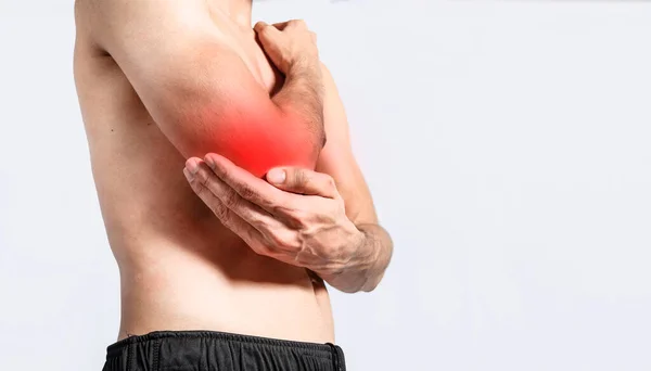 Person Elbow Pain Concept Man Rheumatism Elbow Pain Man Massaging — Fotografia de Stock