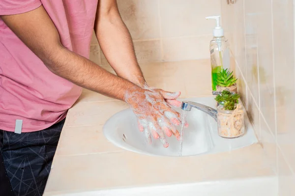 Close Man Washing Hands Soap Concept Correct Hand Washing Ways — Stock fotografie