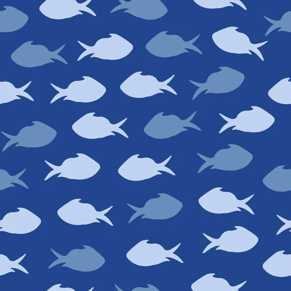 Seamless Pattern with Blue Fish Silhouettes on Blue Background.