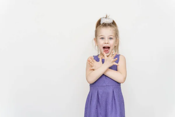 Portrait Little Girl Blue Dress Shocked Expression — Fotografia de Stock
