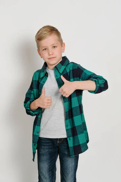Portrait Cute Stylish Blond Boy Kid Years Old Checked Shirt — Fotografia de Stock