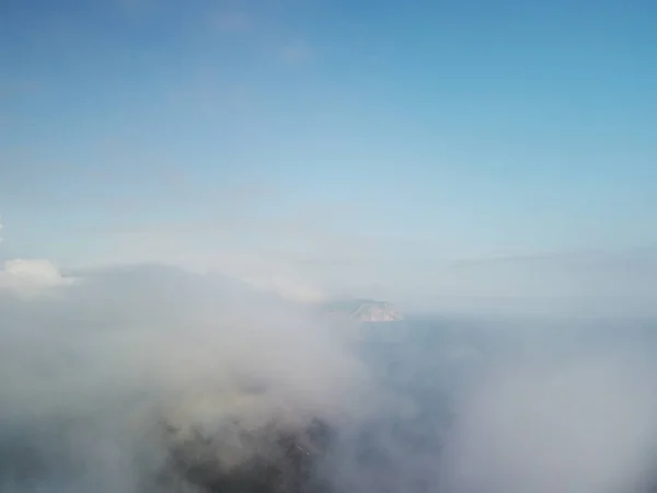 Aerial View Blue Sky Sun Fog Calm Sea Drone Flies — Stok fotoğraf