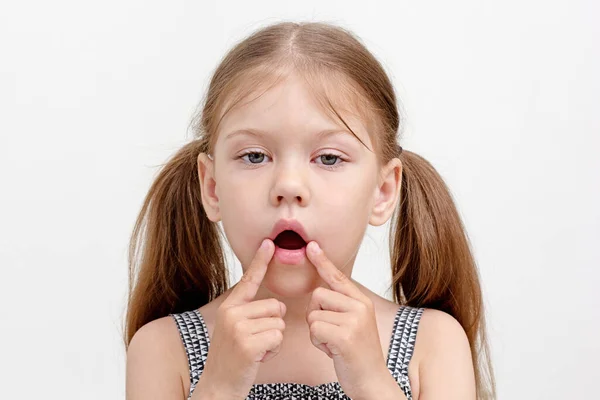 Child Open Mouth Fingers Mouth Corner — Fotografia de Stock