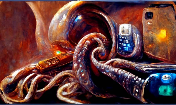 Technology Addiction Losing Control Abstract Art Illustration Tentacles — Stock fotografie