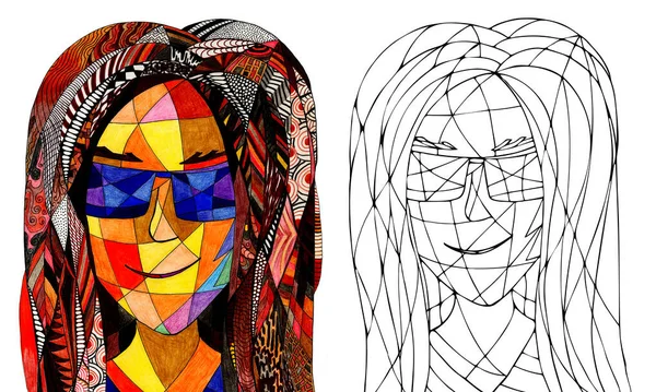 Coloring Page Fantasy Woman Hand Drawn Stained Glass Portrait — Stock Fotó