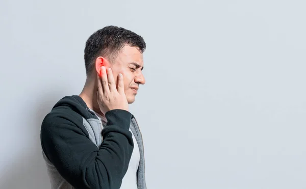 Person Otitis Tinnitus Person Ear Pain Isolated Background Suffering Man — Stockfoto