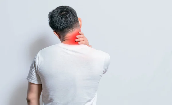 Close Person Shoulder Neck Problems Sore Man Touching His Shoulder — Stok fotoğraf