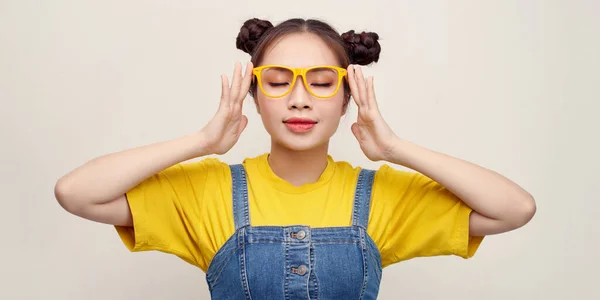 Beautiful Smiling Asian Touching Glasses White Background — Fotografia de Stock