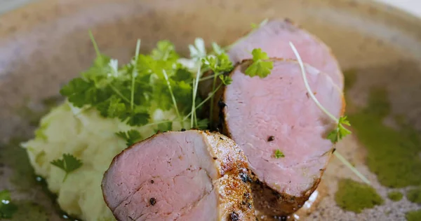 Pork Tenderloin Prepared Serving Art Food Gourmet Meal Close — Stock fotografie