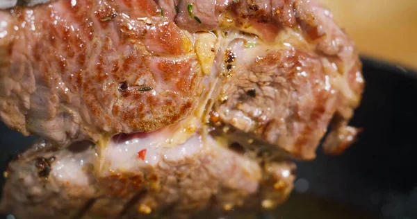 Cooked Beef Meat Looks Very Tasty Close Macro Steak Details — Zdjęcie stockowe