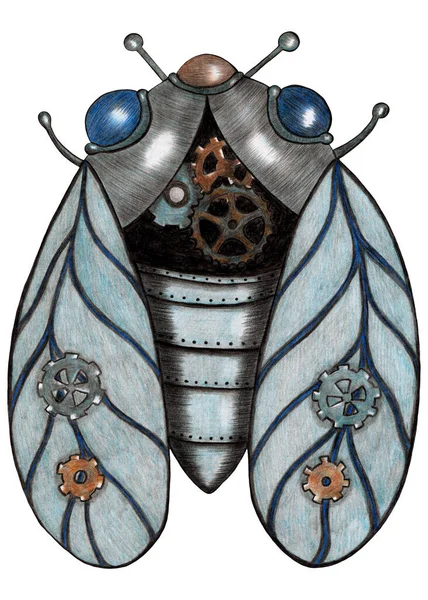 Design Element Hand Drawn Illustration Colorful Steampunk Cicada Isolated White — Zdjęcie stockowe