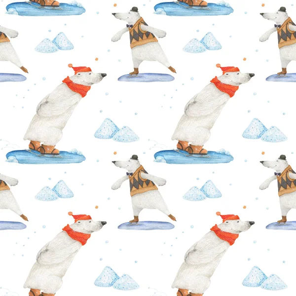 Зимнее Веселье Белого Медведя Катание Коньках Бесшовный Рисунок — стоковое фото