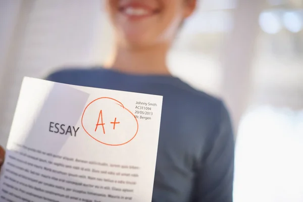 Easy Shot Proud Young Boy Holding His Essay Got Him — Foto Stock