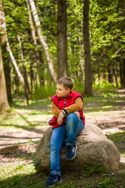 Πορτραίτο Ενός Νεαρού Κόκκινο Μπλουζάκι Στο Δάσος Την Άνοιξη Περπατήστε — Φωτογραφία Αρχείου
