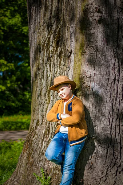 Söt Pojke Poserar Cowboyhatt Skogen Vid Ett Träd Solens Strålar — Stockfoto