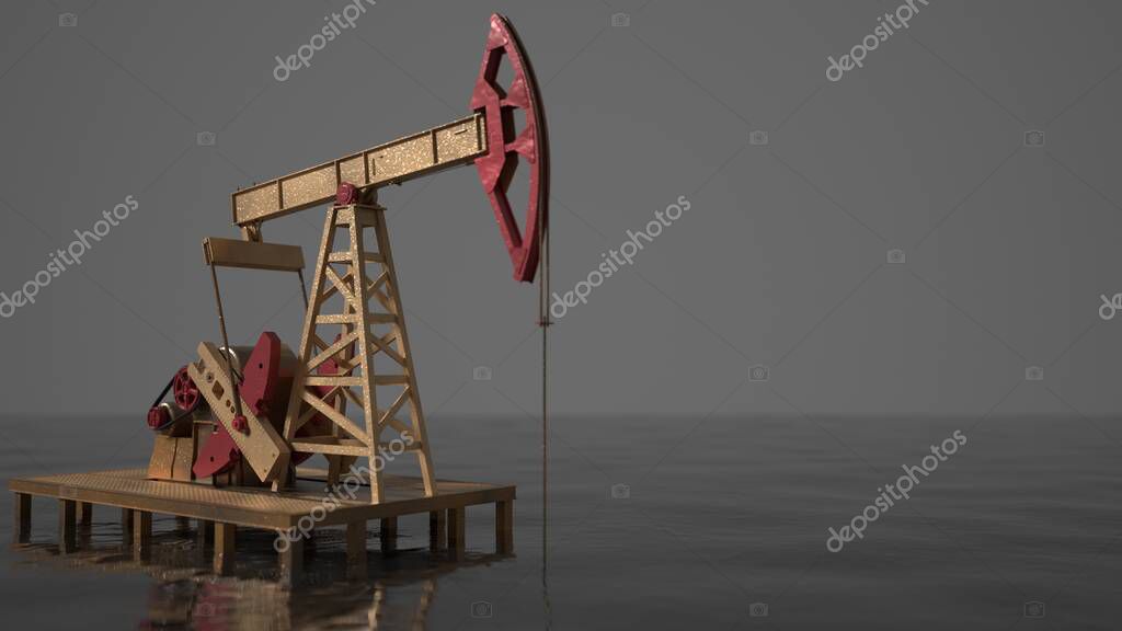 "a golden oil pump pumps in an ocean of oil. Realistic 3d model