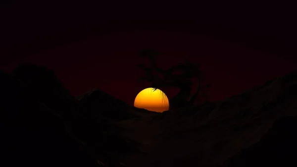Silhouettes Mountains Lonely Tree Dark Sunset Rendering — Stock Photo, Image