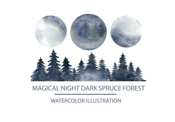 Watercolor Illustration Misty Night Forest Fir Trees Full Moon — 스톡 사진