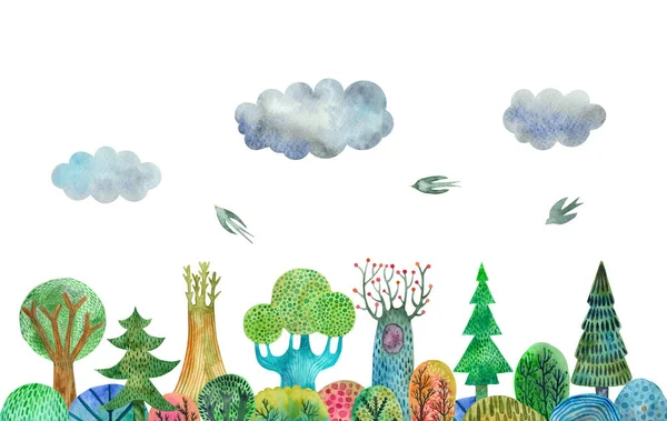 Sticker Colorful Fantasy Forest Hand Drawn Watercolor Illustration — Zdjęcie stockowe