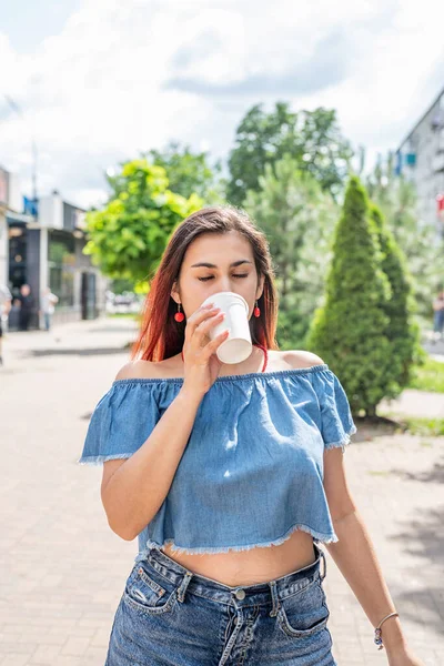 Stylish Millennial Woman Drinking Coffee Street Cafe Summer — Stockfoto