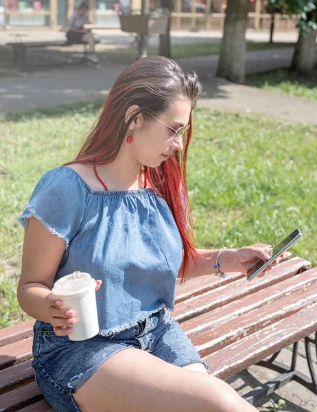 Cheerful Trendy Woman Red Hair Drinking Coffee Park Taking Selfie — Stockfoto