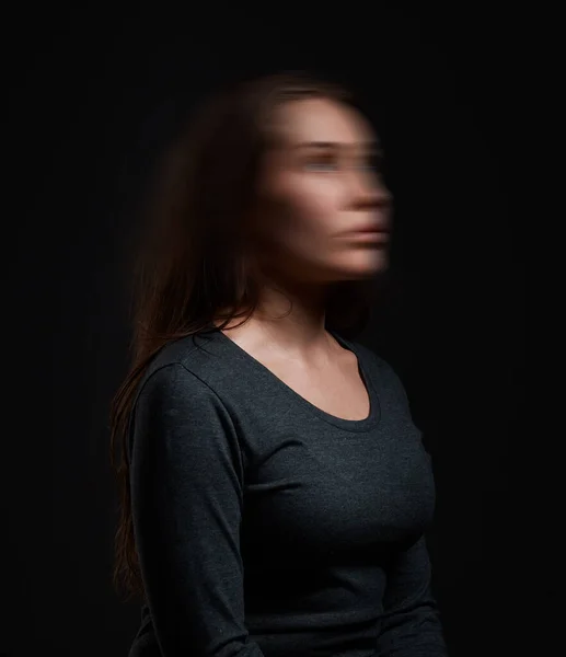 Who Studio Shot Woman Standing Black Background Blurred Face — Stockfoto