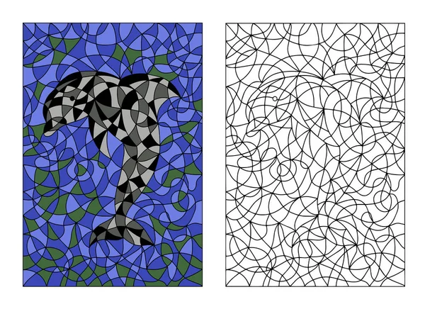 Black and White and Colored Illustration in stained glass style with abstract Dolphin. Image for Coloring Book and Coloring Page.