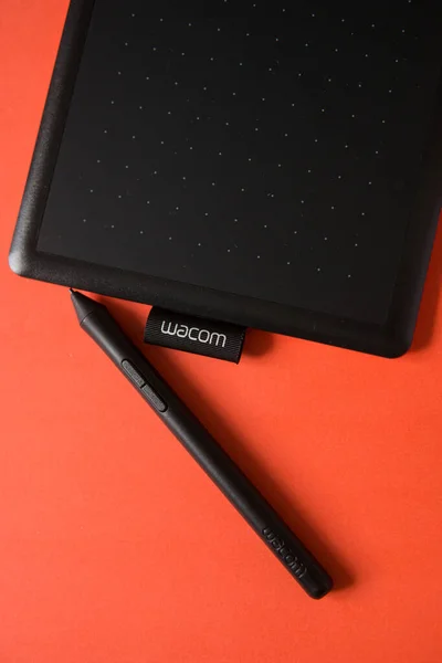 Tver Russia February 2020 Top View Wacom Graphic Tablet Red — Stockfoto