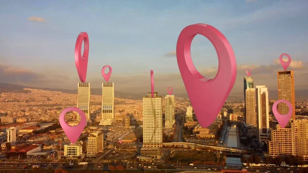 Smart City Aus Der Luft Lokalisierungssymbole Einer Vernetzten Futuristischen Stadt — Stockfoto