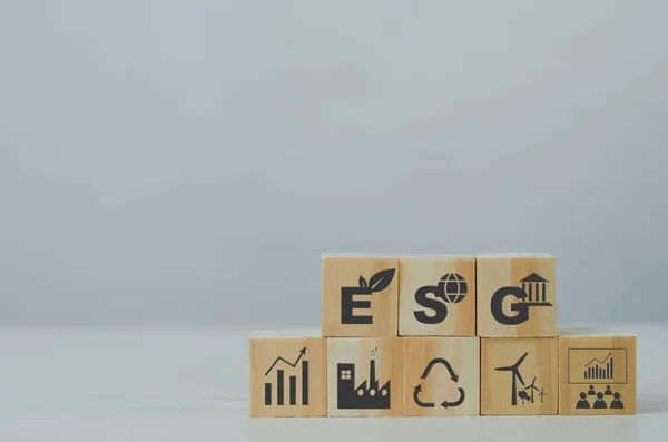 Cubos Madeira Com Símbolo Esg Governança Social Ambiental Segundo Plano — Fotografia de Stock