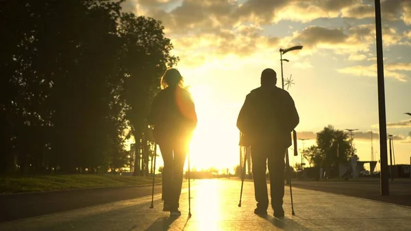 Elderly Couple Engaged Nordic Walking Park Going Sunset Man Woman — Stockfoto