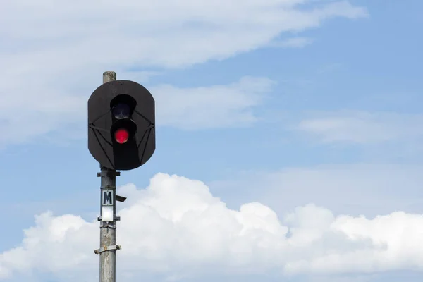 Two Lighted Railway Signal Red Light — Stockfoto