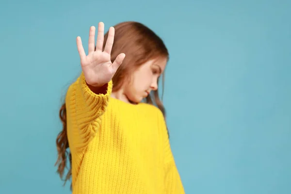 Portrait Serious Little Girl Showing Stop Gesture Warning Looking Away — Fotografia de Stock