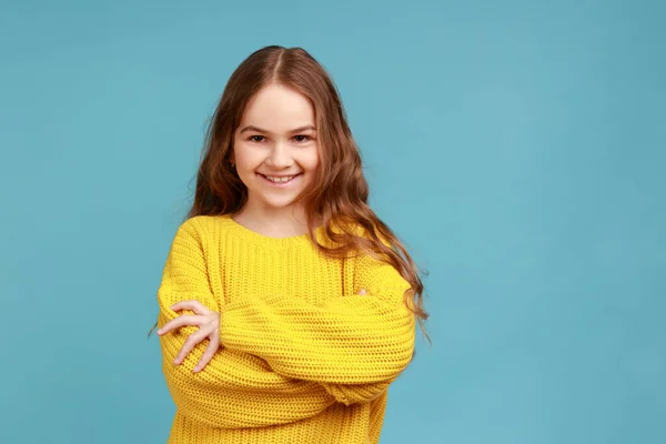 Portrait Cute Little Girl Standing Folded Arms Looking Camera Happy — Fotografia de Stock