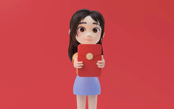 Little Girl Holding Red Package Cartoon Style Rendering — Stock fotografie