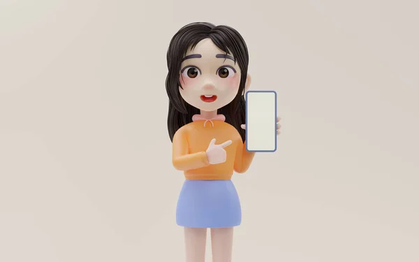 Little Girl Pointing Mobile Phone Cartoon Style Rendering — Stock fotografie