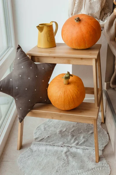 Autumn Interior Photo Studio Pumpkins Vase Wooden Stool — Fotografia de Stock