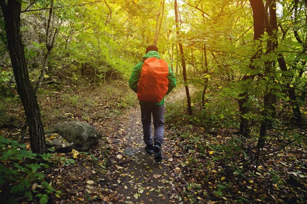 Ένας Τουρίστας Πράσινο Σακάκι Και Ένα Κόκκινο Σακίδιο Περπατά Κατά — Φωτογραφία Αρχείου