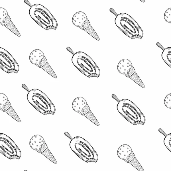 Ice cream outline seamless pattern on white background. Hand drawn illustration