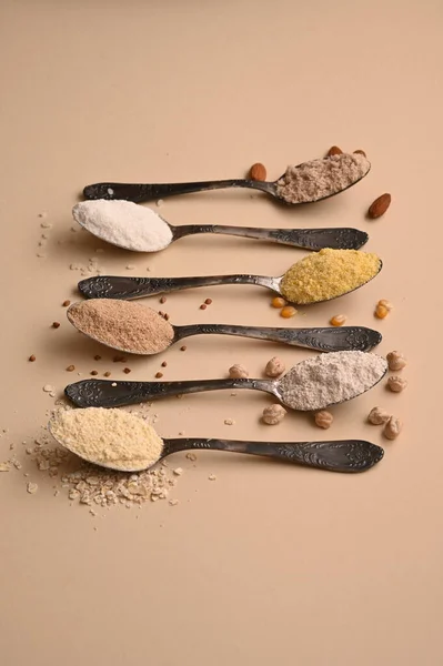 Spoons Various Gluten Free Flour Flat Lay Top — Stock Photo, Image