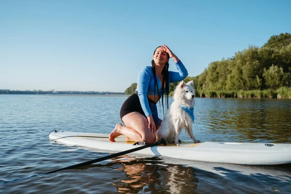 湖で人生を楽しむ幸せな若い女性が犬と一緒にスープボードに座って Japanese Spitz — ストック写真