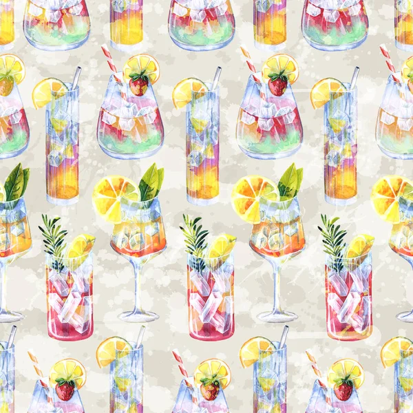 Seamless pattern with summer cocktails. Watercolor illustration