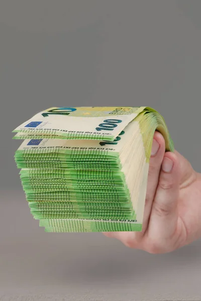 Large Stack Euros Hand Banknotes 100 Euros Male Hand Uniform — Stockfoto