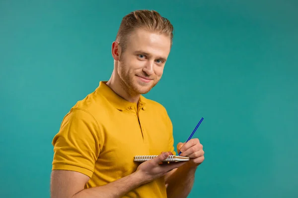Handsome Young Man Making Notes Planner Guy Holding Pen Reflects — Stock fotografie