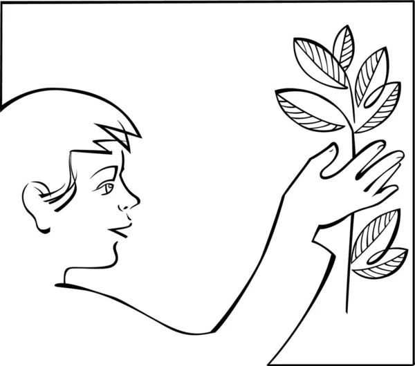 Menino Com Planta Mão Ilustração Vetorial Colorido — Vetor de Stock