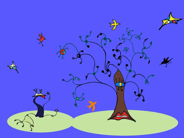 Ilustração Vetorial Colorida Árvores Pássaros — Vetor de Stock