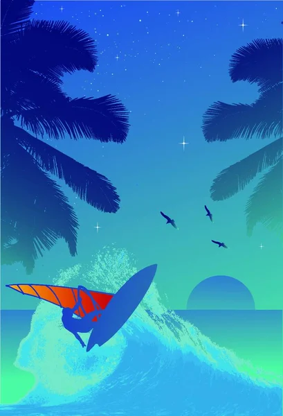 Surfer Sonnenuntergang Vektorillustration — Stockvektor