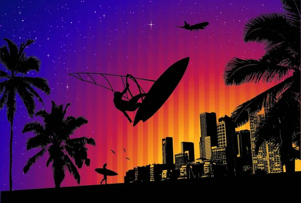 Sunset City Surfer Векторная Иллюстрация — стоковый вектор