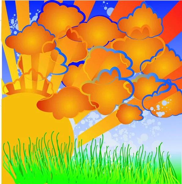 Cartoon Nature Sun Clouds Grass — Stock Vector